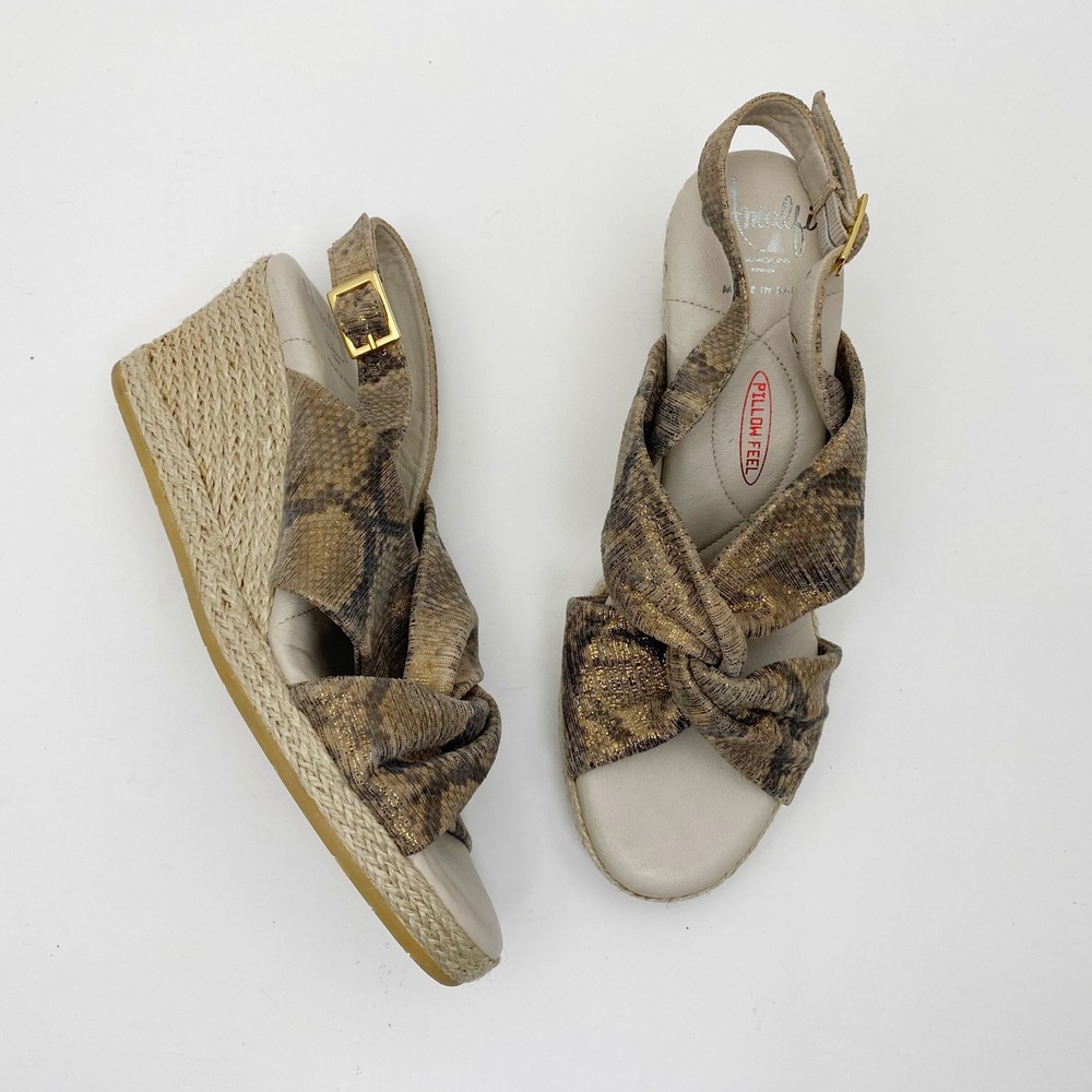 Amalfi Rangoni Laerte Snakeskin Gold Metallic Espadrille Wedge Sandal Women 6.5N